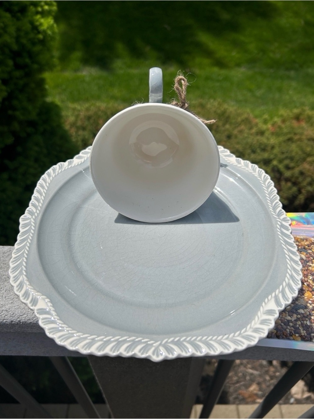 Ceramic Hanging Bird Feeder with Seed Pack White & Gray - Picture 2 of 4